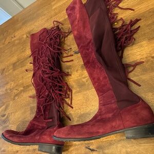 Stuart Weitzman Burgundy Suede Fringe Over-the-Knee Flat Boots Size 8